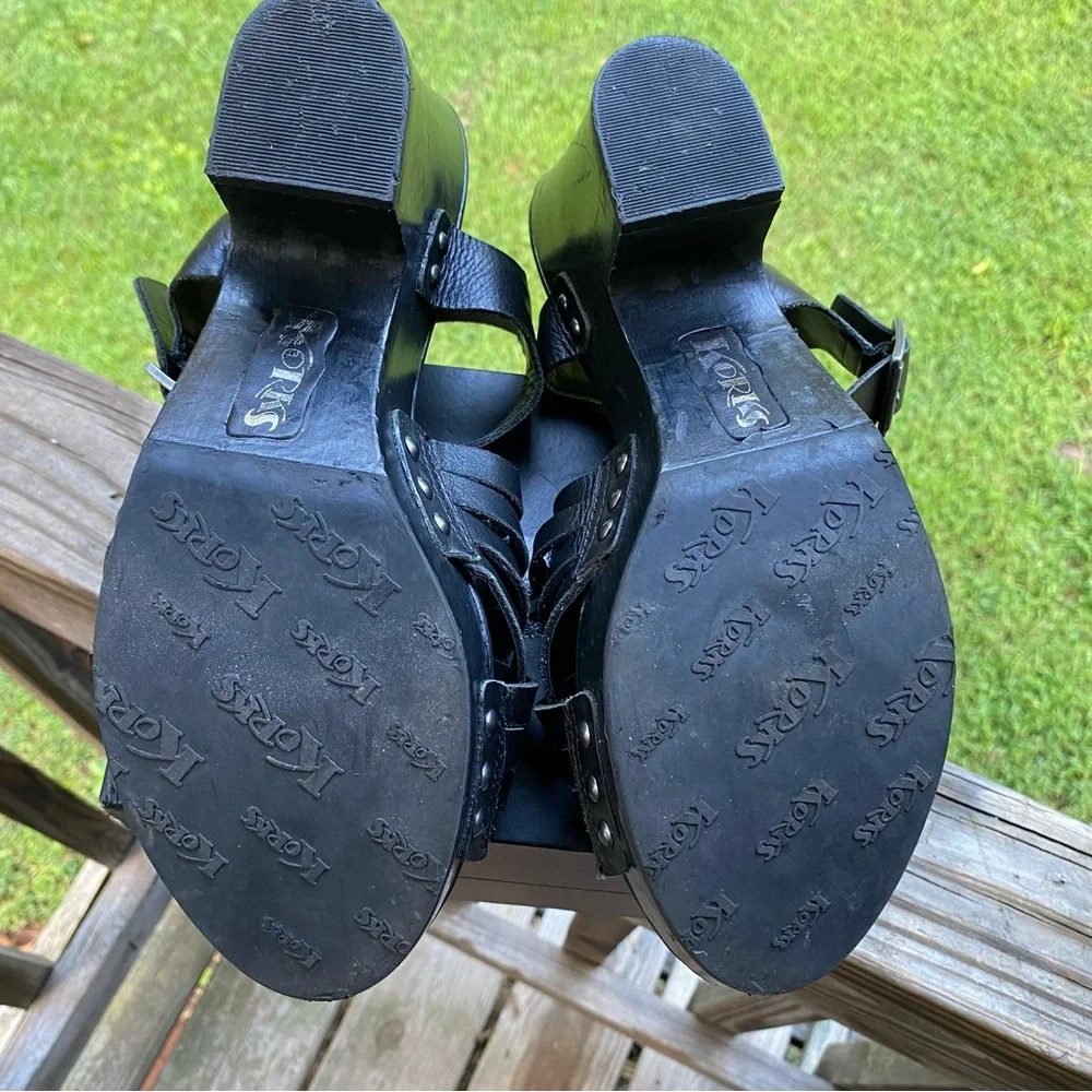 ✅ Korks Wooden Platform Wedge Heels Black Leather Strappy Womens‎ size 10
